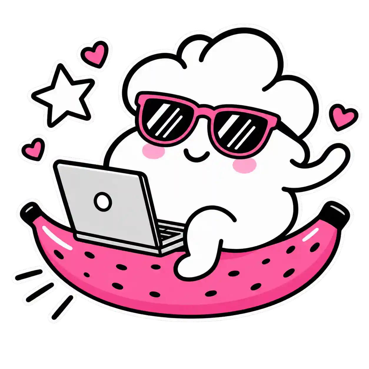 Mascota de PinkCotufa con gafas de sol sobre un plátano rosa